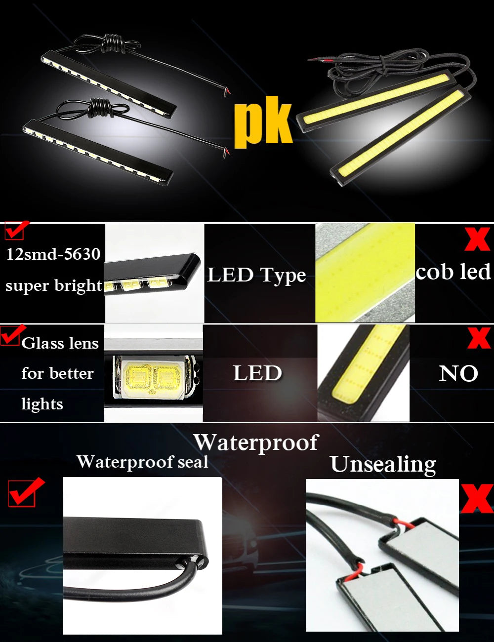 Car Styling Daytime Running Lights 2Pcs Daylight SMD 7030 12 Leds Led Strip Waterproof Car DRL