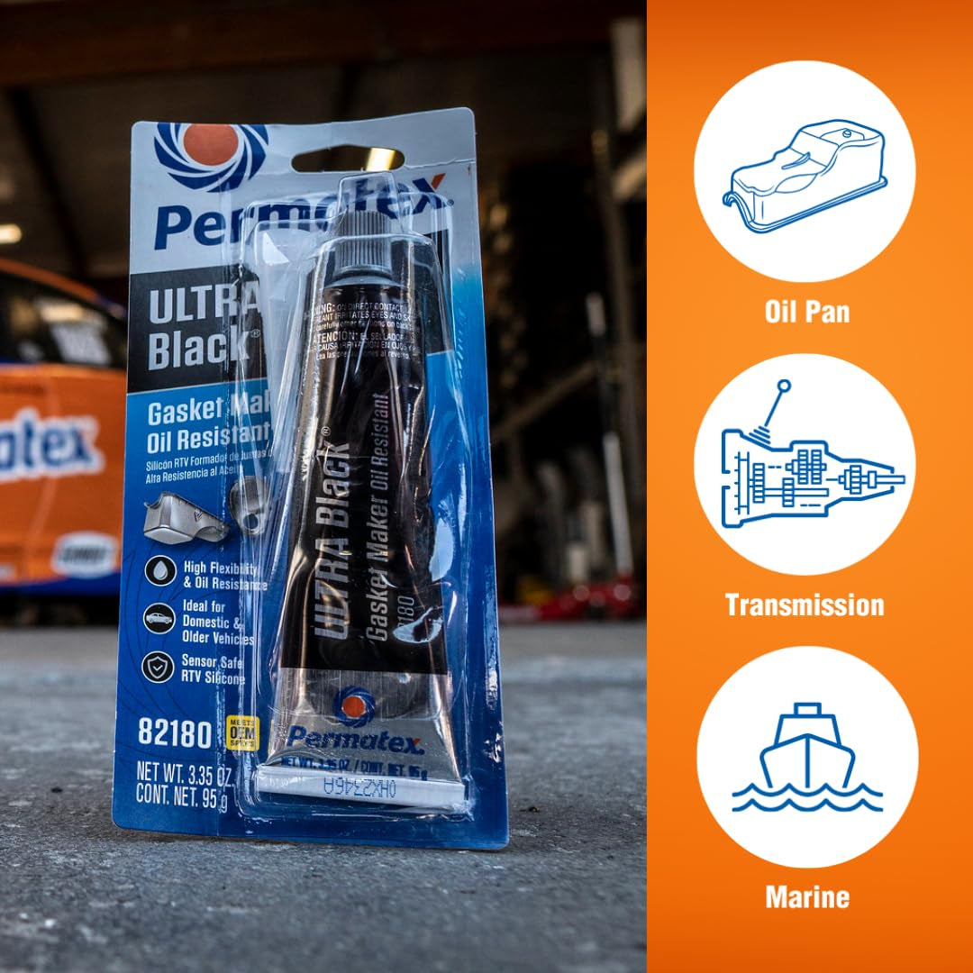 82180 Ultra Black Maximum Oil Resistance RTV Silicone Gasket Maker, Sensor Safe and Non-Corrosive, for High Flex and Oil Resistant Applications 3 Oz
